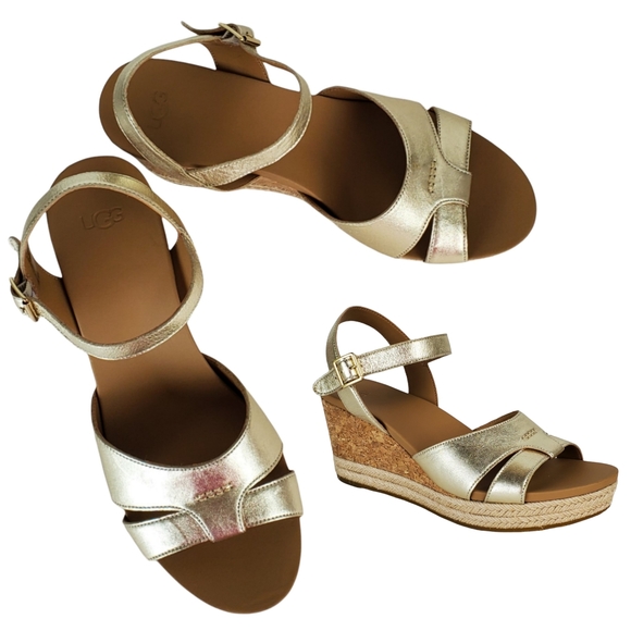[REPOSH] New Ugg womens cloverdale metallic leather gold wedge sandals - Picture 3 of 14
